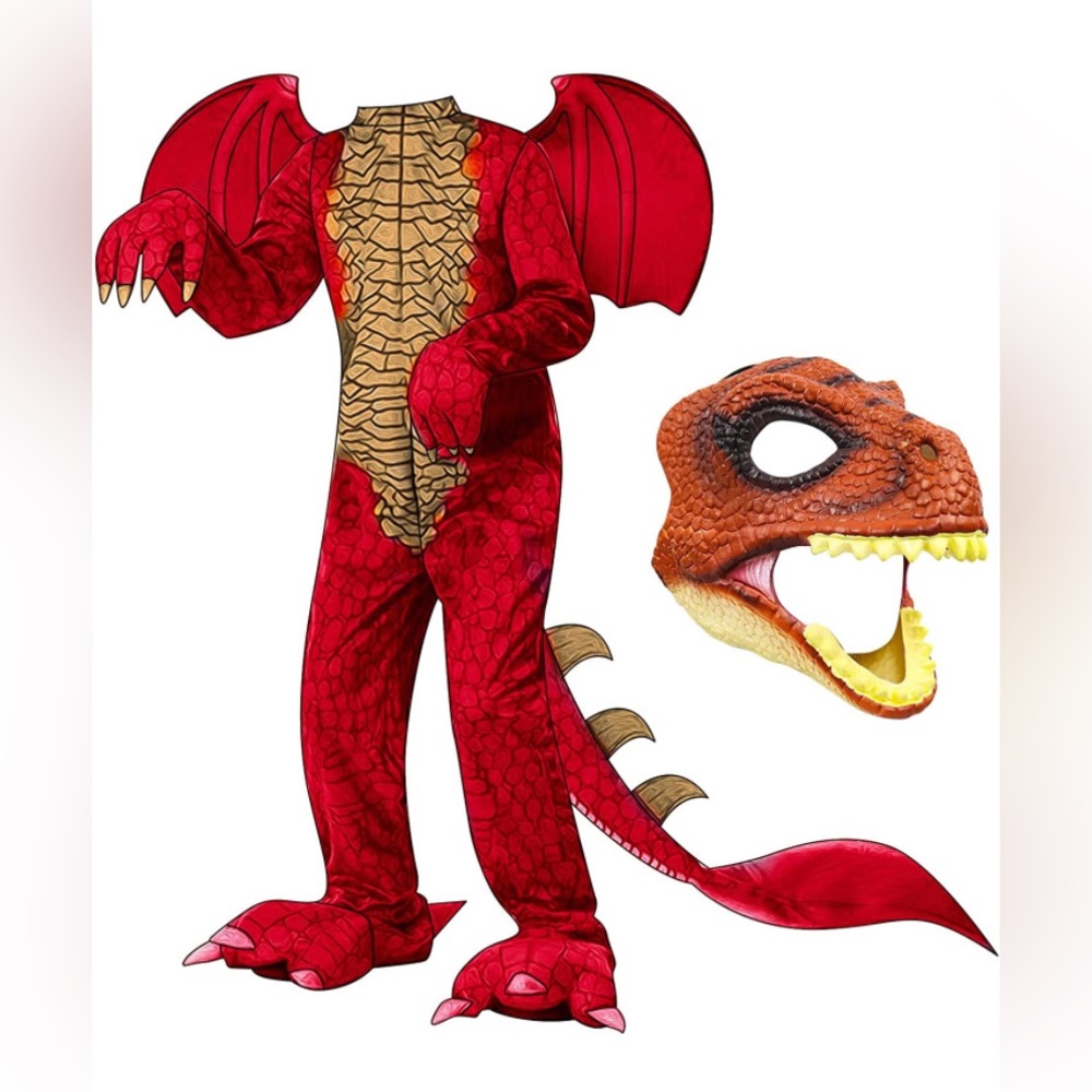 Kids Dinosaur Costume Dragon w Wings & Latex Mask Halloween Fantasy Cosplay NEW
